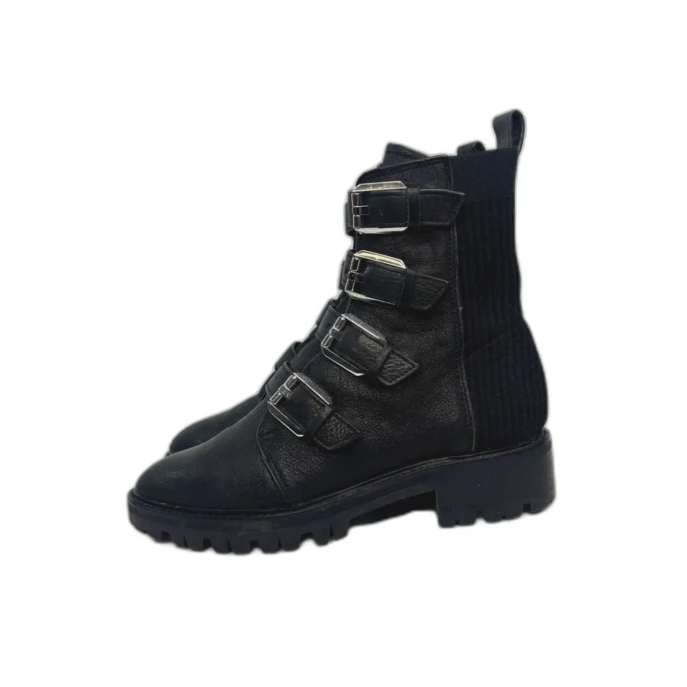 Dolce Vita Womens Combat Buckle Boots Gaven‎ Lug Black Leather Round Toe Size 8